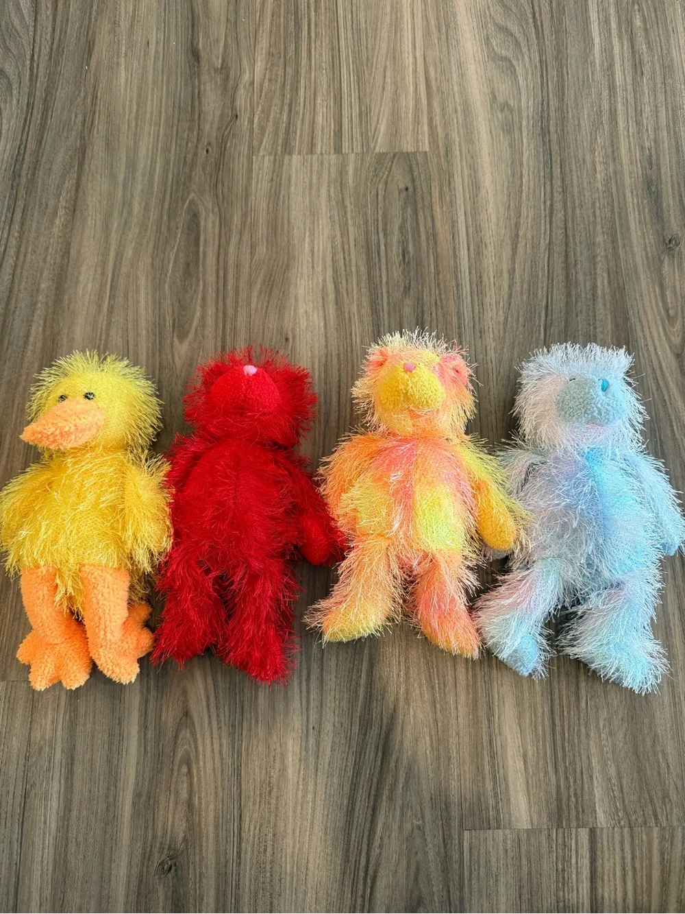 4Pc Ty Fuzzy Plush Animals - Yellow, Red, Rainbow, Light Blue